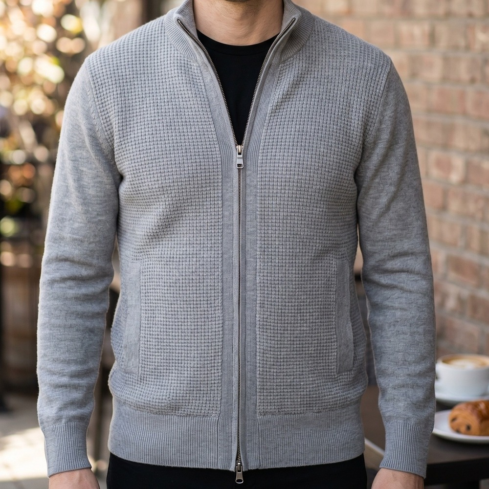 Banana Republic Mens Grey Waffle Knit Full Zip Cardigan Mock Neck Sweater M
